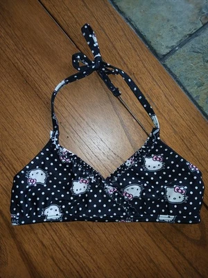 Top de bikini halter estampado con volantes negros talla pequeña de Hello Kitty para niñas Foto 1 de 4