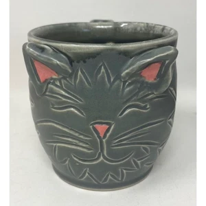 Studio Pottery Cat Face Mug Grey Kitty Handmade Coffee Cup Artist Signed - Picture 1 of 6