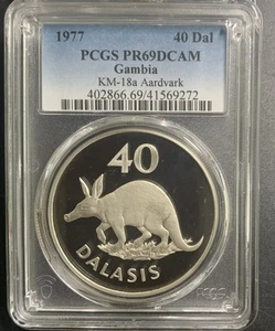 Gambia 1977 40 Dalasis / Aardvark / Km18a / PCGS PR69DCAM/ Very Nice Silver Gem! - Picture 1 of 6