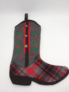 Bota de Vaquero Medias de Navidad Gris y Rojo a Cuadros con Jingle Bells Acebo - Imagen 1 de 7