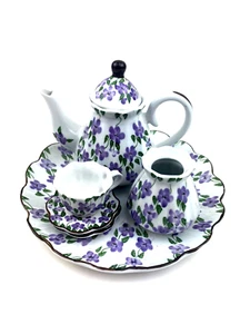 Teekanne Set Miniatur Blumen lila weiß 7-teilig Blumentablett Deko - Bild 1 von 14