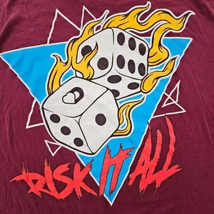 Devoted Risk It All Dice on Fire Maroon Short Sleeve Cotton T-Shirt Men's 2XL - Picture 1 of 9