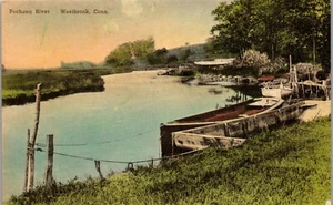 Vintage Postcard Puchong River Westbrook Connecticut CT Dock Boats Tinted - Picture 1 of 3