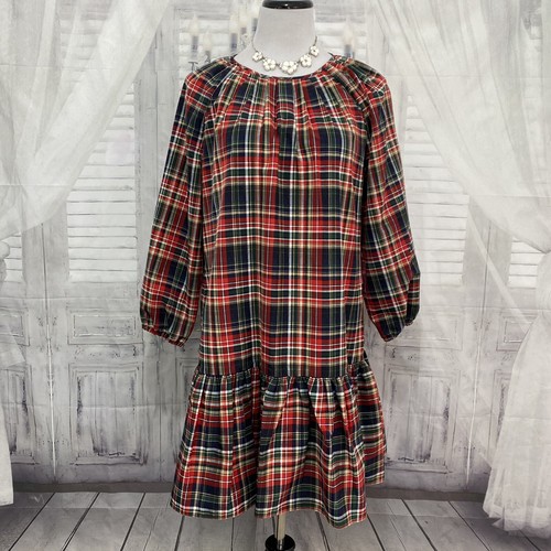 VALENTINO Abito LDT taglia 12 rosso verde a quadri manica a sbuffo increspato poof vita tasche B10