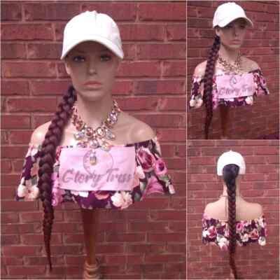 Peluca Sombrero Cola de Caballo Hecha a Mano | 32" Ombre Rojo Cobre Látigo Largo Trenzado Textura Yaki Foto 1 de 4