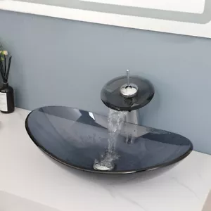 Juego de drenaje de grifo cromado mezclador cuenco de vidrio templado lavabo lavabo lavabo lavabo de baño - Imagen 1 de 8