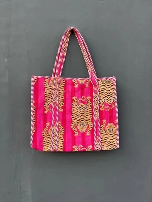 Indien Rose Imprimé Tigre Matelassé Épaule Sac Femmes Plage Coton Sac US - Photo 1/4