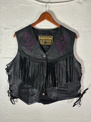 Chaleco de moto vintage de cuero genuino Hudson para mujer rosa flecos negro Foto 1 de 2