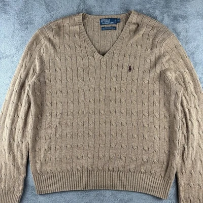 Jersey Polo Ralph Lauren para mujer XL cuello en V 100 % seda tostada tejido con cable Foto 1 de 4