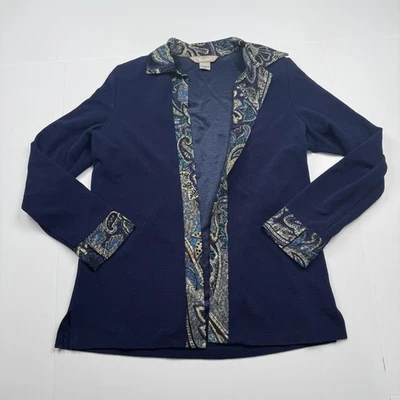 Cardigã TanJay Feminino Pequeno Azul Marinho Acabamento Paisley Frente Aberta Blazer Jaqueta Top - Imagem 1 de 4