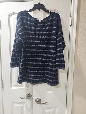 Elegante suéter a rayas azul marino y blanco para mujer. Marca Coldwater Creek. Foto 1 de 3