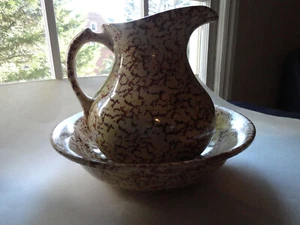 Vintage Robinson Ransbottom RRP Co Brown Yellow Ware Spongeware Pitcher & Basin - Picture 1 of 13
