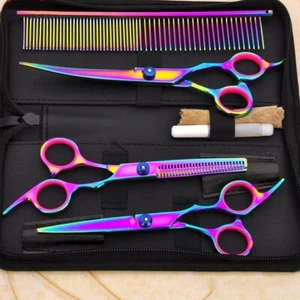 7'' Pet Hair Scissor Set Dog Grooming Cutting Thinning Curved Shear Scissor Comb - Picture 1 of 7