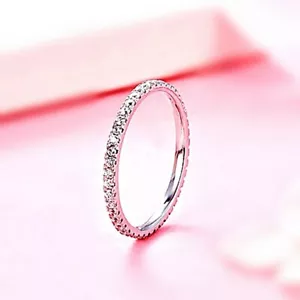 925 Sterling Silver Cubic Zirconia Channel-Set Slim Wedding Band Ring - Picture 1 of 8