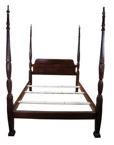 Vintage Georgian Style Mahogany Rice Carved Queen Size Plantation Poster Bed - Picture 1 of 12