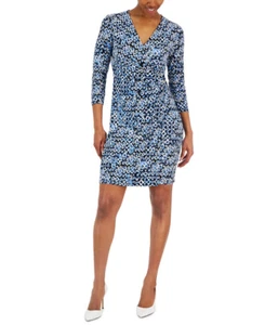 Kasper Women's 3/4-Sleeve V-Neck Faux-Wrap Dress (Blue Heron Multi, Large) - Picture 1 of 4