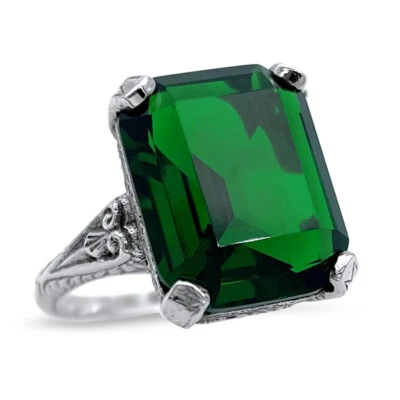 ANILLO DE DISEÑO ANTIGUO FILIGRANA TALLADA PLATA ESTERLINA 925 ESMERALDA SIMULADA #1343 Foto 1 de 3