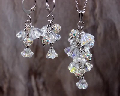 Schmuck Set Blüten Tschechische Perlen Strass Brautschmuck Ohrringe Kette #E099 - Bild 1 von 4