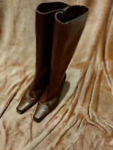 Elastomere MidBrown Leather Knee High Cuban Heel Zip Boots Size 40/6-6.5 UK - Picture 1 of 5