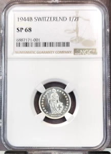 1944 SWITZERLAND SILVER 1/2 FRANC NGC SP 68 EXTREMELY RARE TOP POP - Picture 1 of 3