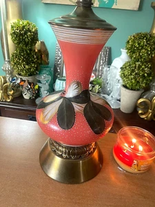 Vintage, Asian, hand-painted floral design, brass torchiere table lamp, 24" - Picture 1 of 13