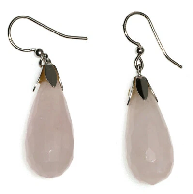 Orecchini argento 925 ciondoli Briolette vero quarzo rosa naturale pietre donna - Immagine 1 di 2