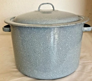 Blue Gray Speckled Enamelware Stock Pot Soup Pot With Lid Vintage 10” Farmhouse - Picture 1 of 11