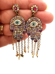Pendientes colgantes de cristal Betsey Johnson estrás Hamsa protección contra mal de ojo - Imagen 1 de 10