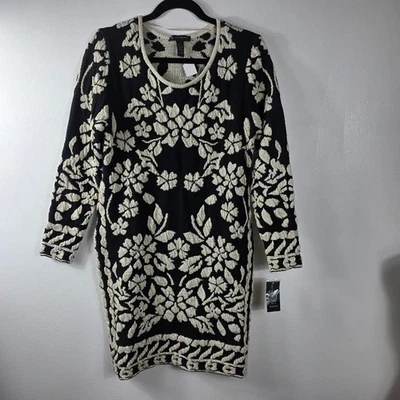 INC International Concepts L Petite Dress Black Cream Floral Sweater Knit - Image 1 of 4