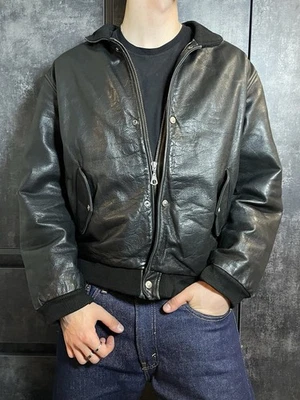 Rare Vintage Chevignon Leather Bomber Porte Avion Jacket Boxy Ma-1 90s Black L - Image 1 of 4