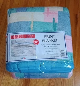 Vtg Basics Blanket 102x90" Print Blue Pink Yellow Abstract USA NEW NOS sealed - Picture 1 of 5