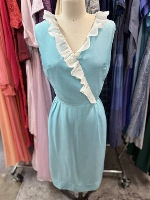 Vintage 1960s Julie Miller Sheath Dress Pale Blue Chiffon Ruffle Neckline S/M - Image 1 of 4
