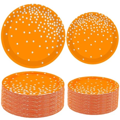 50 PIEZAS Platos de papel de 9 pulgadas y 7 pulgadas con puntos anaranjados y plateados para fiestas Foto 1 de 4