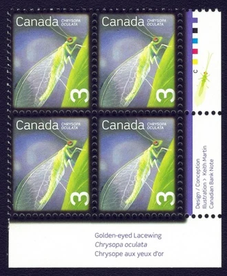 Canada sc#2235 Beneficial Insects: Golden-eyed Lacewing, LR Impr. Block, Mint-NH - Image 1 of 2