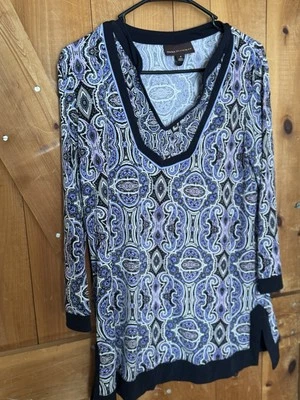 Blusa túnica Dana Buchman para mujer púrpura blanca cachemira mangas 3/4 talla S Foto 1 de 4