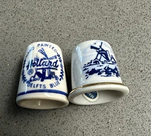 Lote de 2 dedales de porcelana azul Delft vintage pintados a mano molino de viento - Imagen 1 de 8