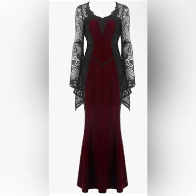 NUEVO Vestido Gótico Largo Dark In Love para Mujer Grande Negro Rojo Terciopelo Encaje Steampunk Foto 1 de 4