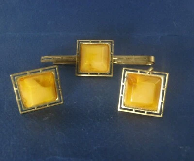 Gemelos y clip de corbata vintage URSS para hombre imitación ámbar soviético Foto 1 de 4
