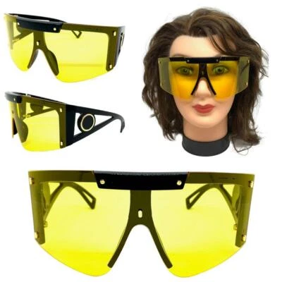 OVERSIZED RETRO FACE SHIELD VISOR SUNGLASSES XL Huge Big Black Frame Yellow Lens - Image 1 of 4