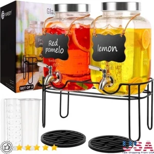 2 Pack Glass Beverage Dispenser W/ Stainless Steel Spigots & Ice Cylinder New - Picture 1 of 7
