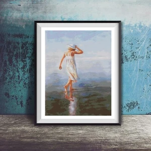 Girl by the Beach Ocean Landscape Counted Cross Stitch Pattern - Picture 1 of 3