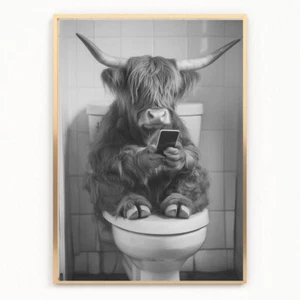 Funny bathroom HIGHLAND cow on toilet Print Picture Poster UNFRAMED A4 PHONE - Picture 1 of 1