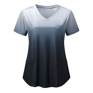 Medical Uniform Gradient Print Short Sleeve Neck  Working Uniform Blouse Shirt