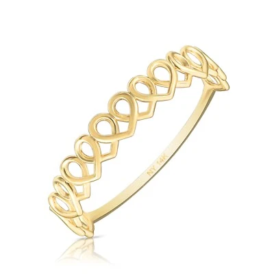 14K Real Solid Yellow Gold Dainty Heart Link Minimalist Braided Band Ring - Image 1 of 4