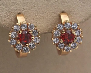Pretty 18K Yellow Gold Filled Garnet Red & Clear CZ Round Huggie Hoop Earrings - Picture 1 of 5