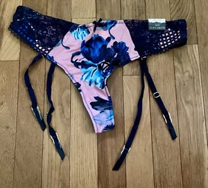 Plus Size 14/16 Lane Bryant Cacique Thong Garter Panty Pink Navy Blue Sexy Lace - Picture 1 of 7