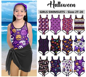 Kids Halloween Swimsuit #2 - Baby Girl Teens Bathing Suit Scary Fun Purple - Picture 1 of 18