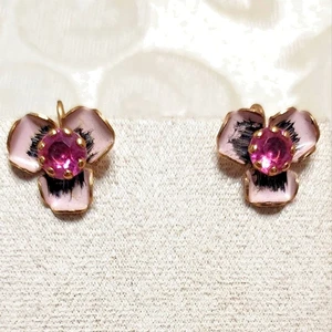 VINTAGE 1950s GOLD TONE FLOWER SCREW CLIP ON EARRINGS PURPLE STONE - Picture 1 of 9