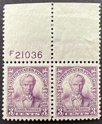 US 1932 Sc# 725 Plate # Pair MNH Daniel Webster Issue - Image 1 of 2