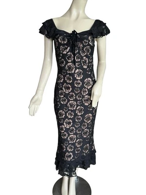 NWT Rihoas Ruffle Mermaid Midi Dress Medium Textured Black Nude Floral Bodycon - Image 1 of 4